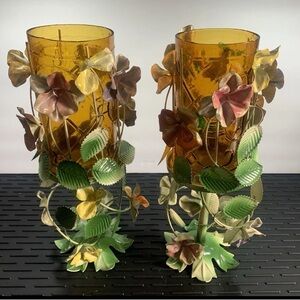 Vintage Tole metal flower and leaves with amber glass votive holders~ unique